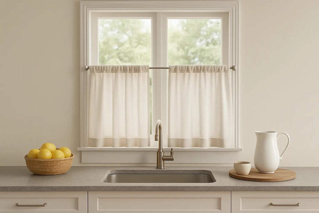 Cafe curtains on a kitchen window filtering soft daylight with a cozy countertop setting