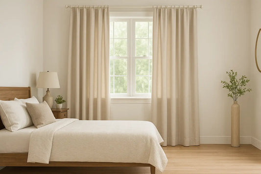 bedroom with soft beige cotton drapes framing daylight windows, creating a calm and natural look
