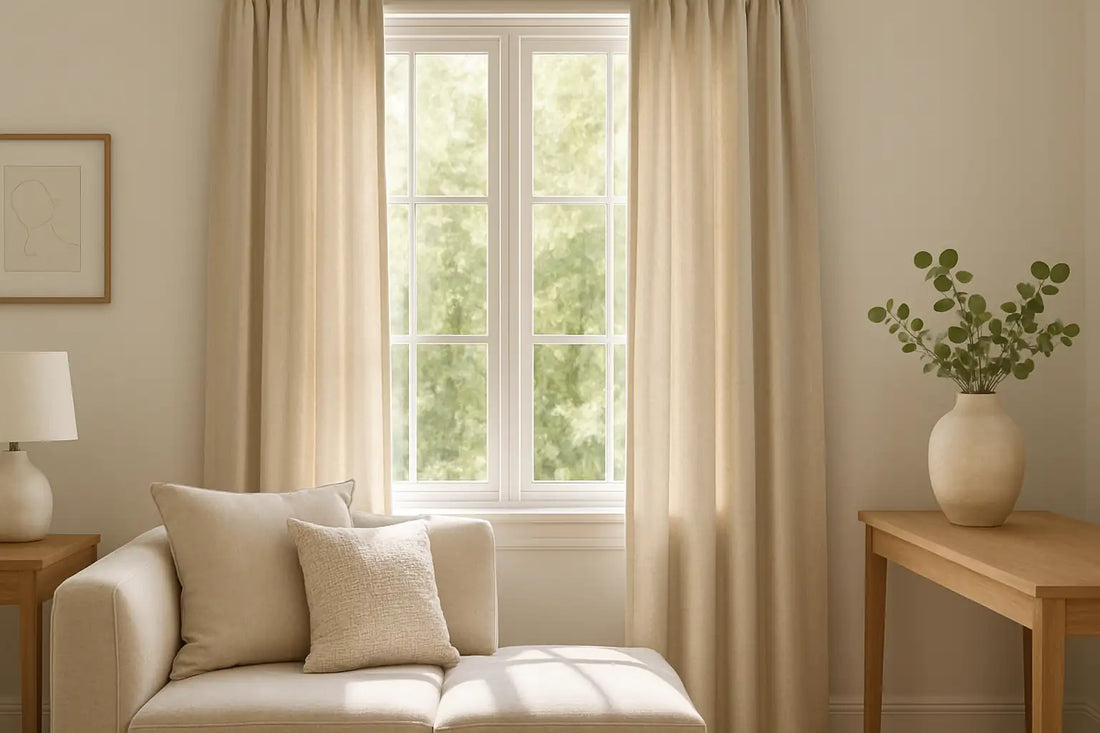 Living room with cotton drapes framing a large sunlit window, neutral sofa, and wooden side table with vase