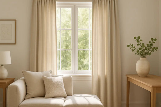 Living room with cotton drapes framing a large sunlit window, neutral sofa, and wooden side table with vase