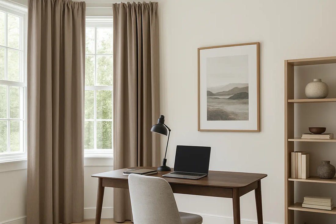 Modern home office with taupe drapes and natural light