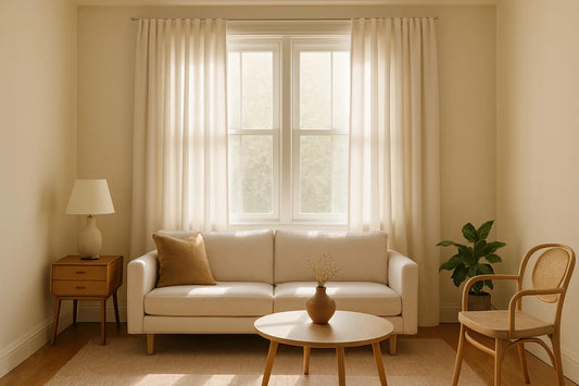 Sunlit living room with custom cotton drapes framing a modern beige sofa