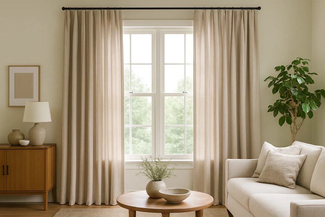 living room with large window framed by soft beige custom linen drapes, wooden furniture, and green plant