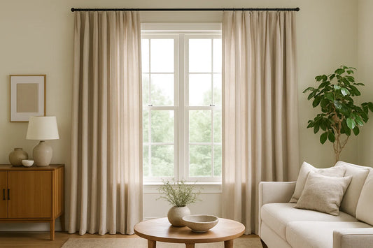 living room with large window framed by soft beige custom linen drapes, wooden furniture, and green plant