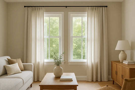 living room with custom linen drapes enhancing natural daylight and comfort