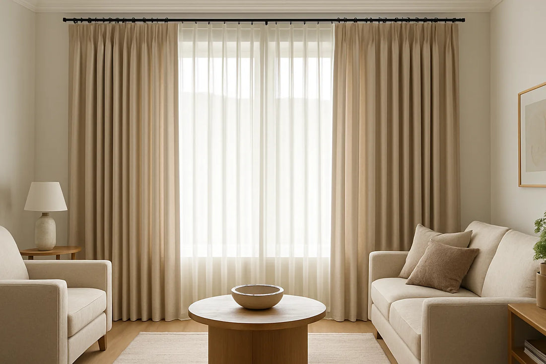 Cover image of a sunlit living room with beige custom pleated drapes layered over sheer curtains.