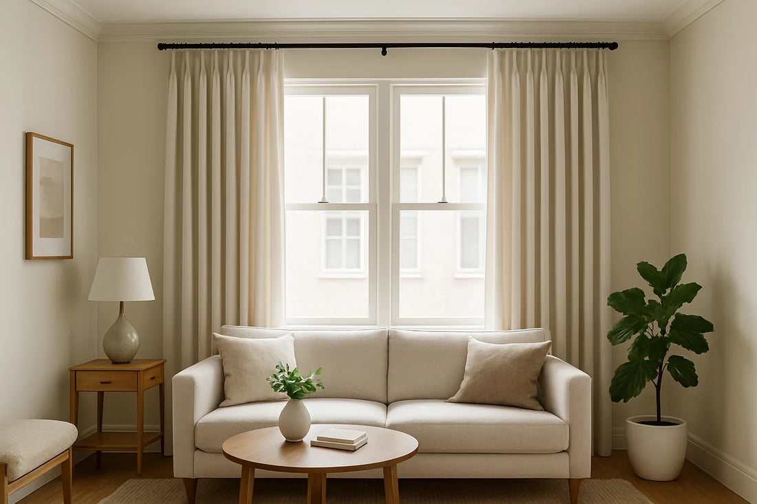 modern living room with neutral tones and pleated drapes as focal point
