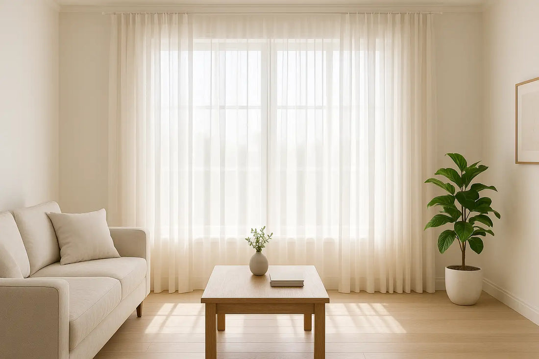 Living room with large windows covered by custom sheer drapes, soft daylight, beige sofa, wooden coffee table, and indoor plant.
