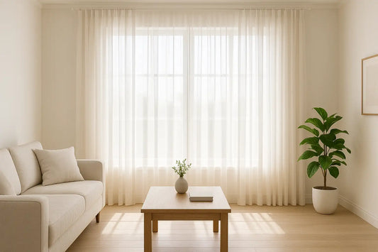 Living room with large windows covered by custom sheer drapes, soft daylight, beige sofa, wooden coffee table, and indoor plant.