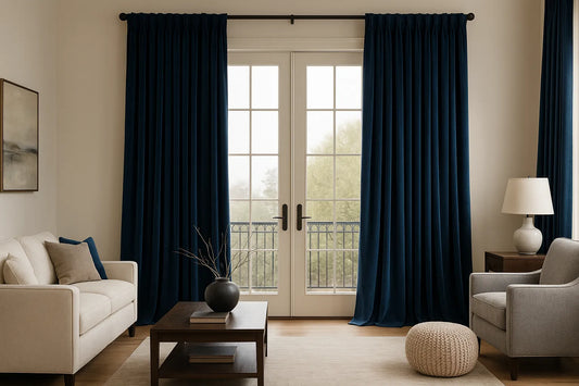 living room with deep blue custom velvet drapes framing French doors