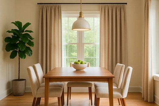 Sunlit dining room with off-white velvet drapes framing a large window and wooden dining set