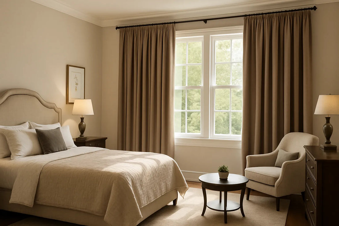 A bright, serene bedroom with taupe drapes, a king-sized bed, and a cozy seating area in soft neutral tones
