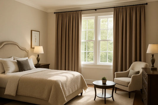 A bright, serene bedroom with taupe drapes, a king-sized bed, and a cozy seating area in soft neutral tones