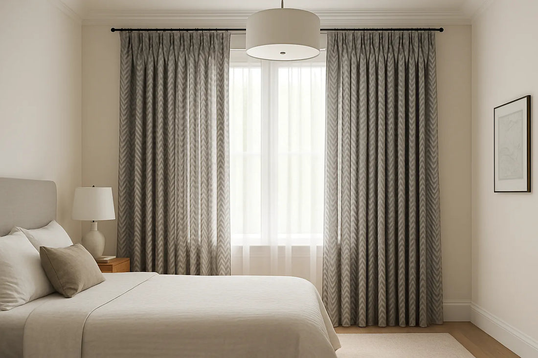 modern bedroom with drapes for bedroom in soft neutral tones