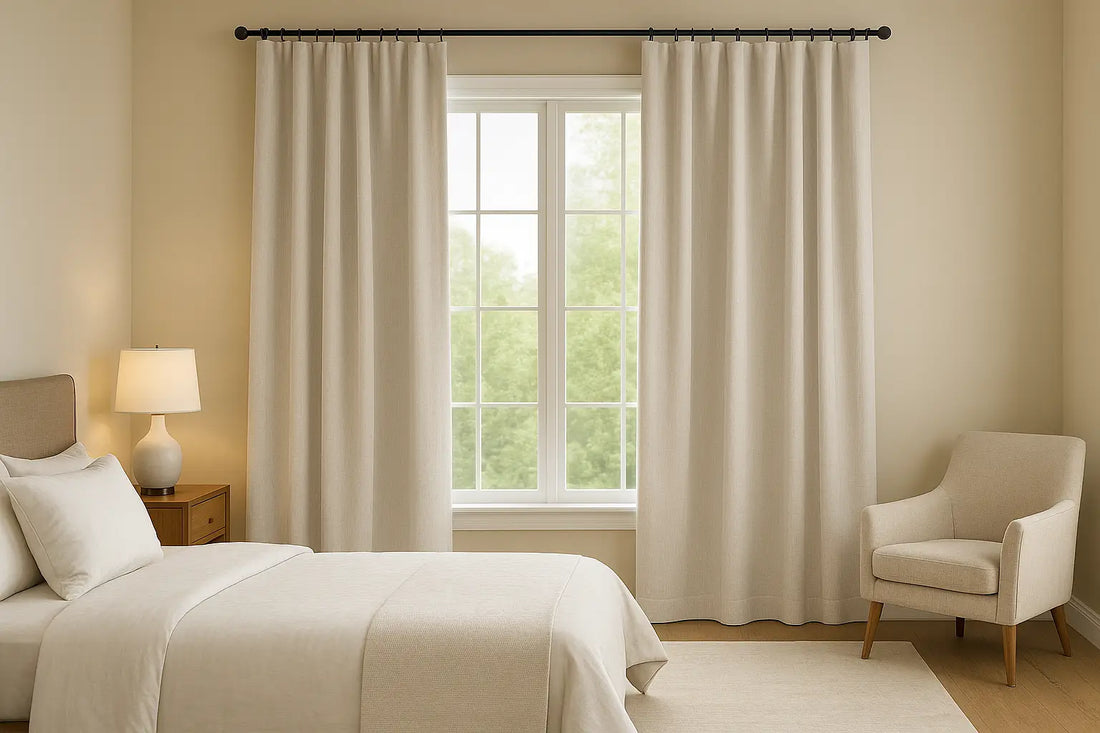 Cover image of a serene bedroom with off-white drapes, neutral bedding, and soft natural daylight.