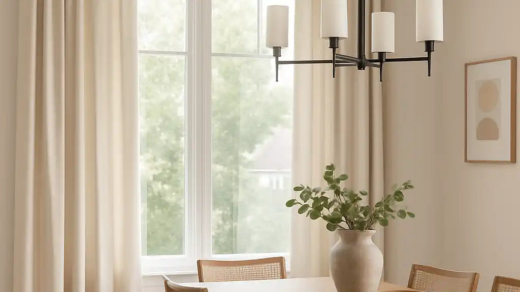 Dining room with beige drapes, wooden table, and modern chandelier in natural light