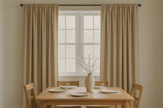 Dining room with floor-length beige drapes, light oak dining table, and soft natural daylight streaming through tall windows.