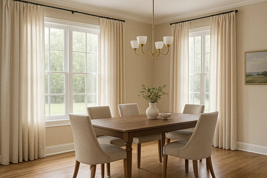 dining room bathed in natural light with elegant beige drapes framing tall windows
