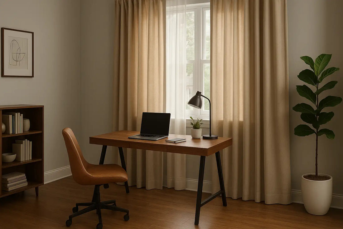 Modern home office with floor-length drapes filtering natural daylight