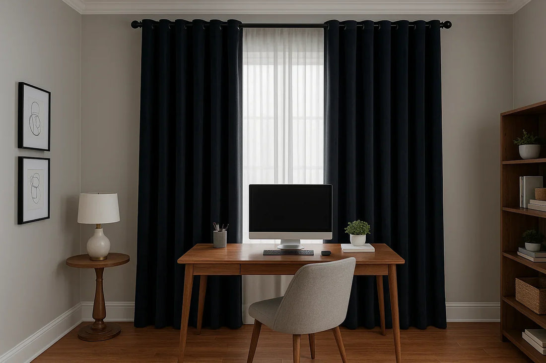 Modern home office with navy velvet drapes blocking daylight