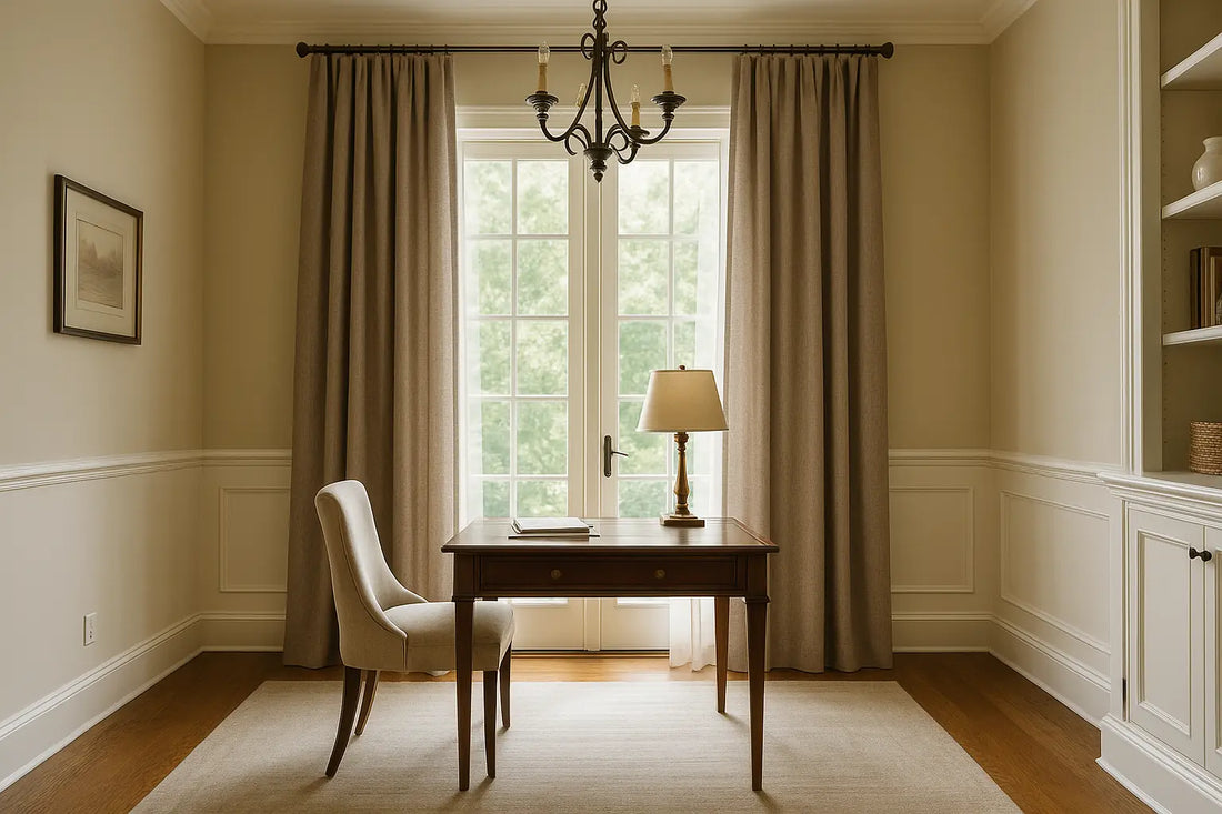 elegant home office with taupe drapes, wooden desk, and chandelier in natural light