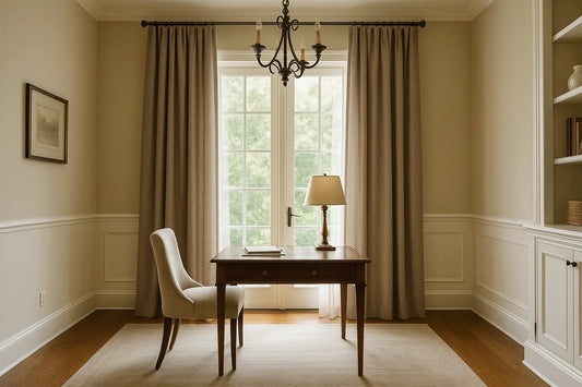 elegant home office with taupe drapes, wooden desk, and chandelier in natural light
