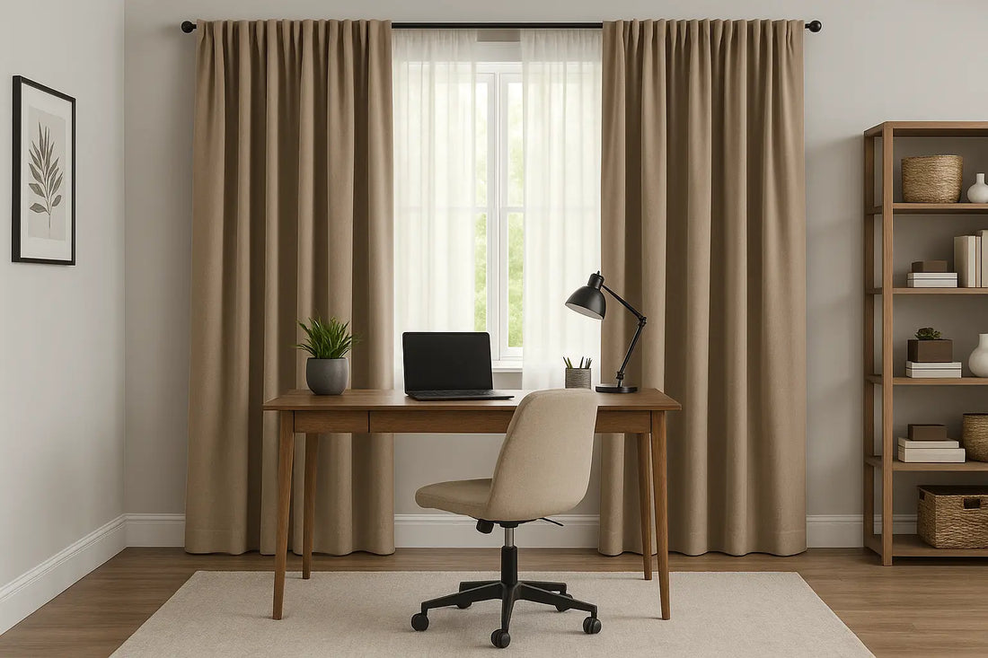 modern home office with wooden desk, laptop, and beige drapes softly filtering daylight