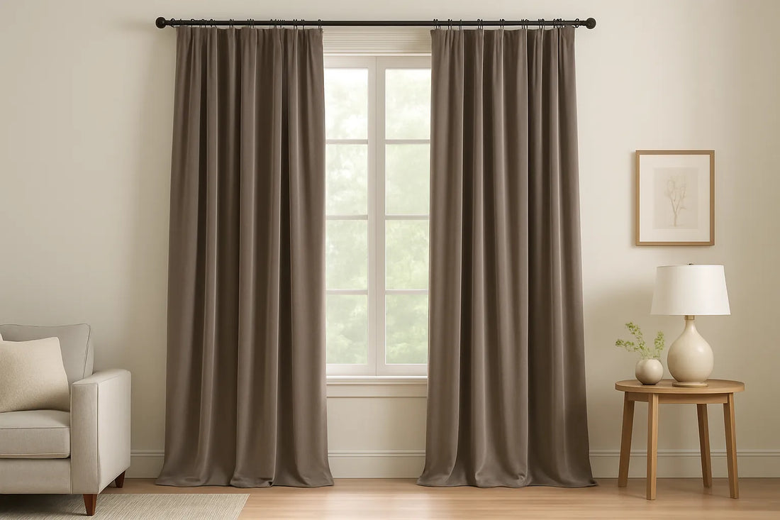 extra-long wide curtains draped over tall living room window with soft natural light