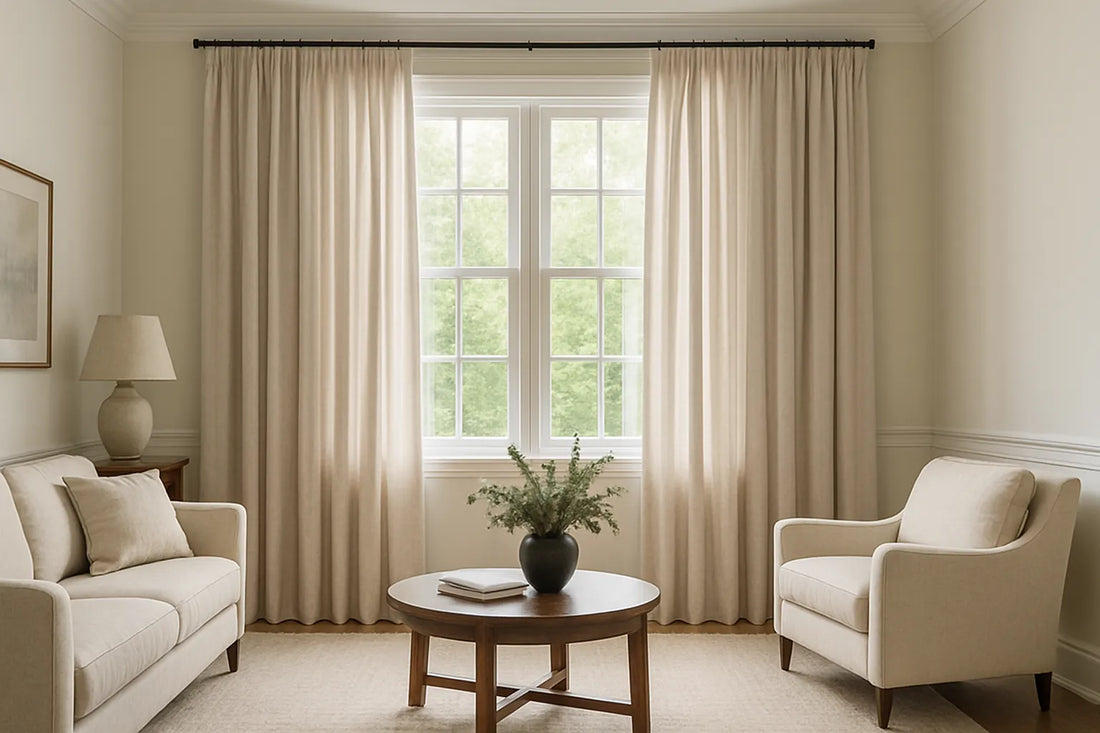 living room with tall windows and extra long wide curtains in soft neutral tones