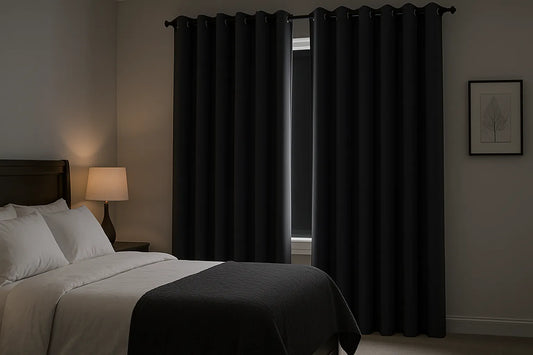 cozy bedroom with blackout grommet drapes and soft lighting