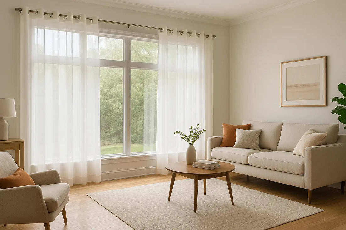 Spacious living room with sheer white grommet drapes and modern neutral decor