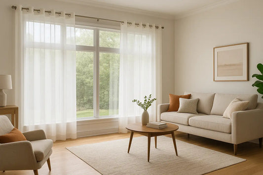 Spacious living room with sheer white grommet drapes and modern neutral decor
