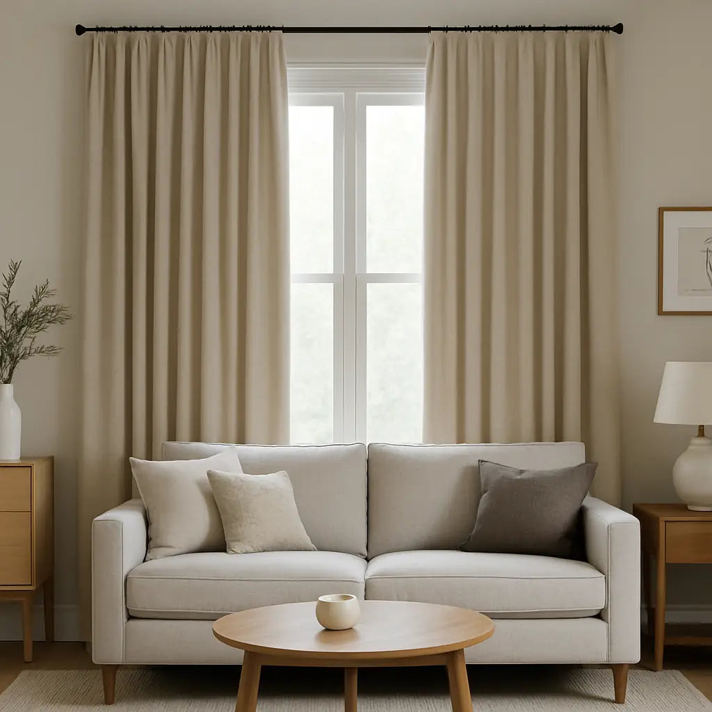 sunlit living room with floor-length drapes creating a warm and inviting atmosphere
