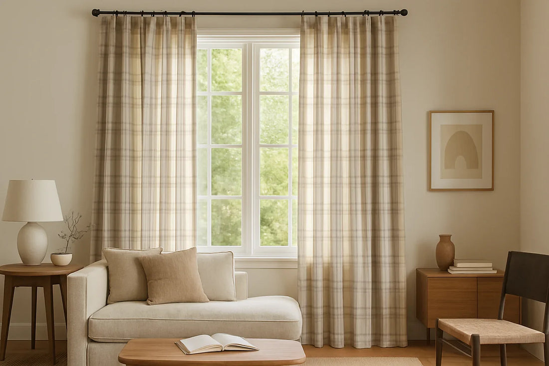 Living room with plaid and striped curtains in beige tones, neutral sofa, wooden furniture, and natural light.
