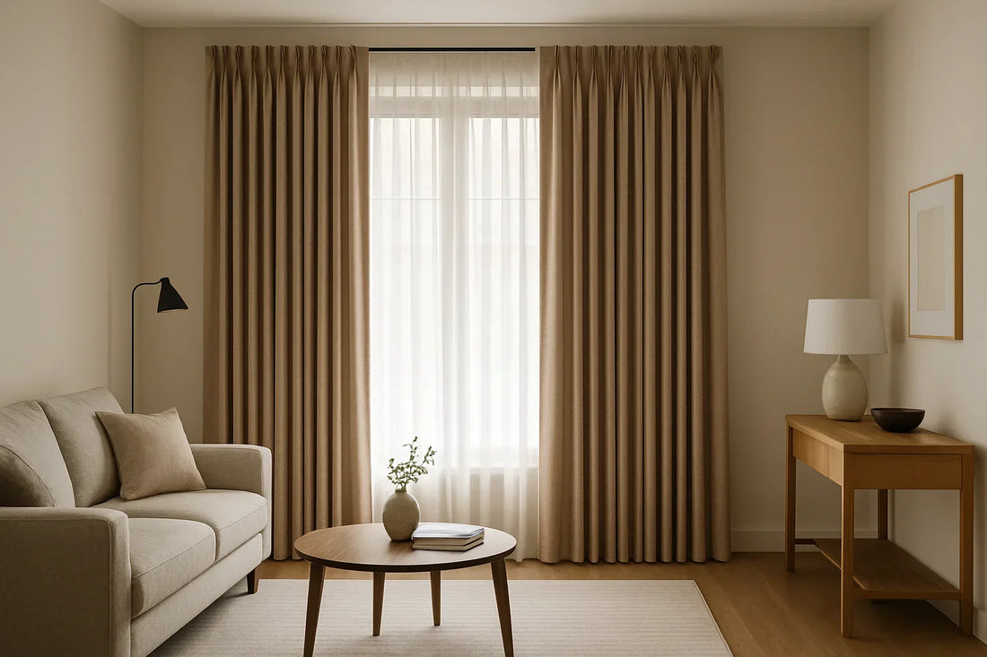 modern living room with pleated drapes and soft neutral furnishings