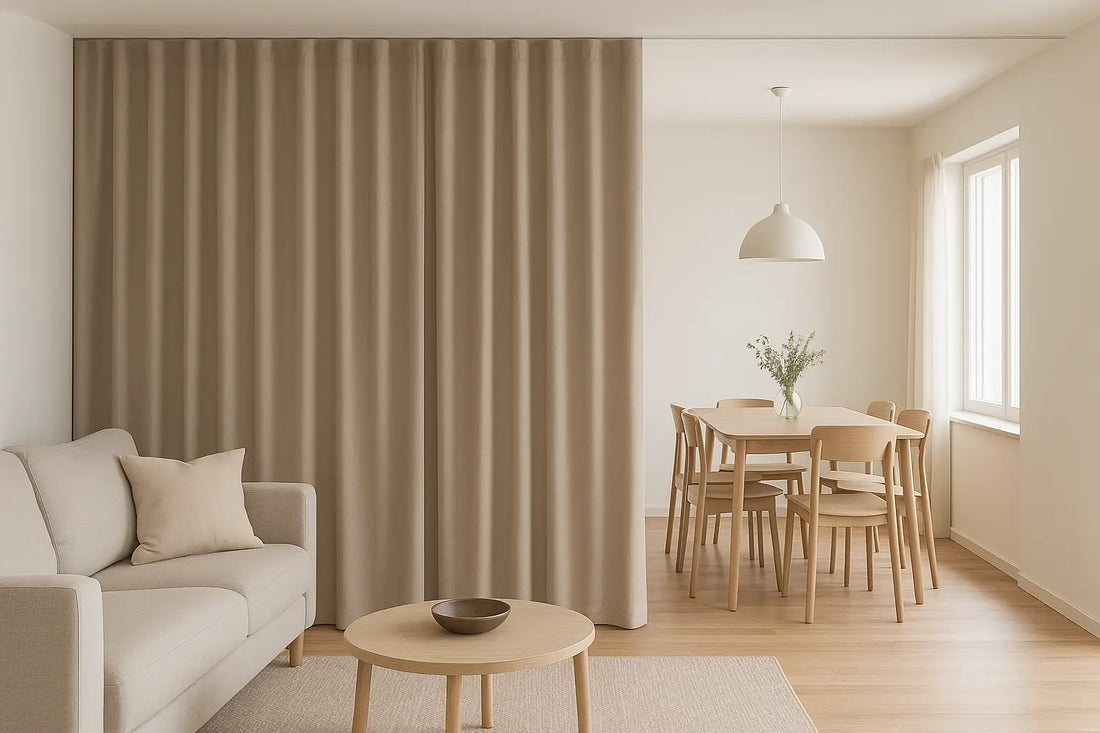 beige room divider curtains separating living room and dining area in open space 