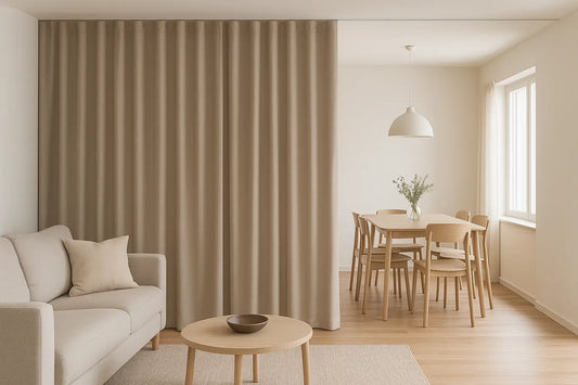 beige room divider curtains separating living room and dining area in open space 
