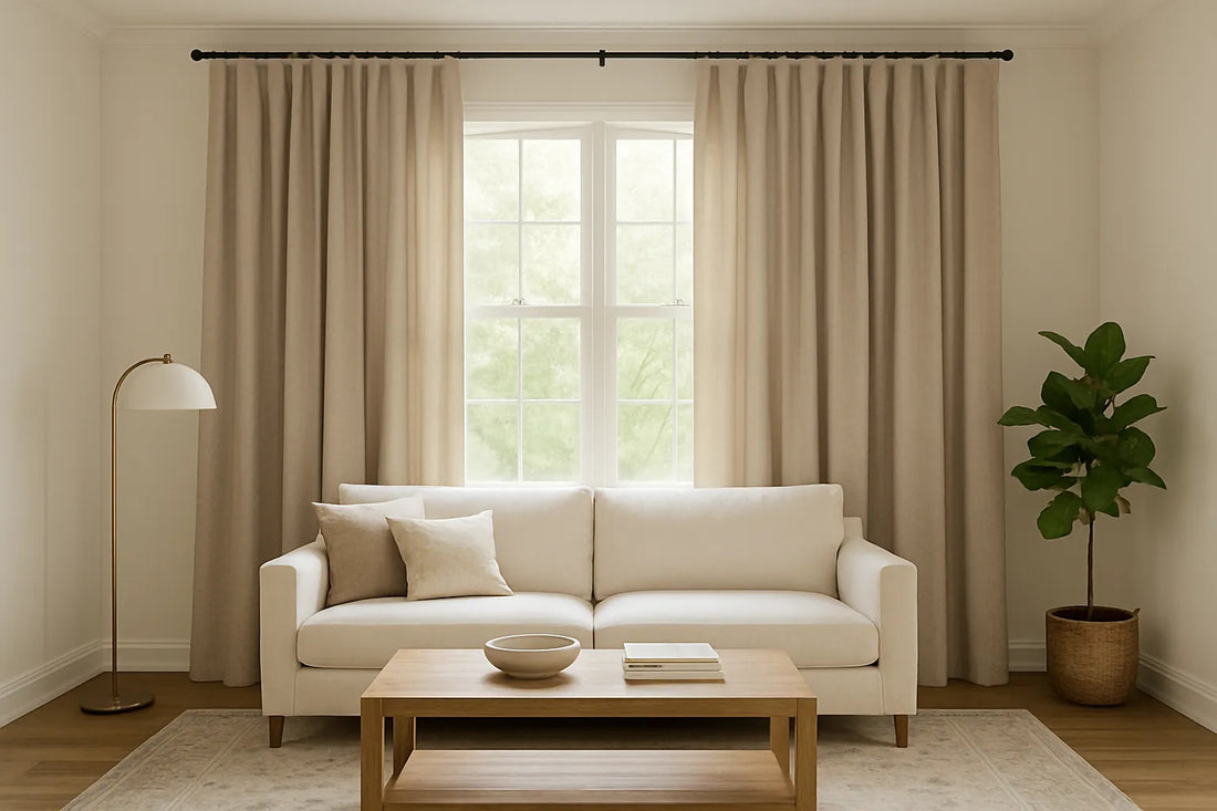 Cozy living room with beige soft-top drapes on a large window, neutral sofa, wooden coffee table, brass floor lamp, and green plant