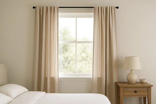 Bedroom with beige soft top drapes framing a window, natural daylight filling the room