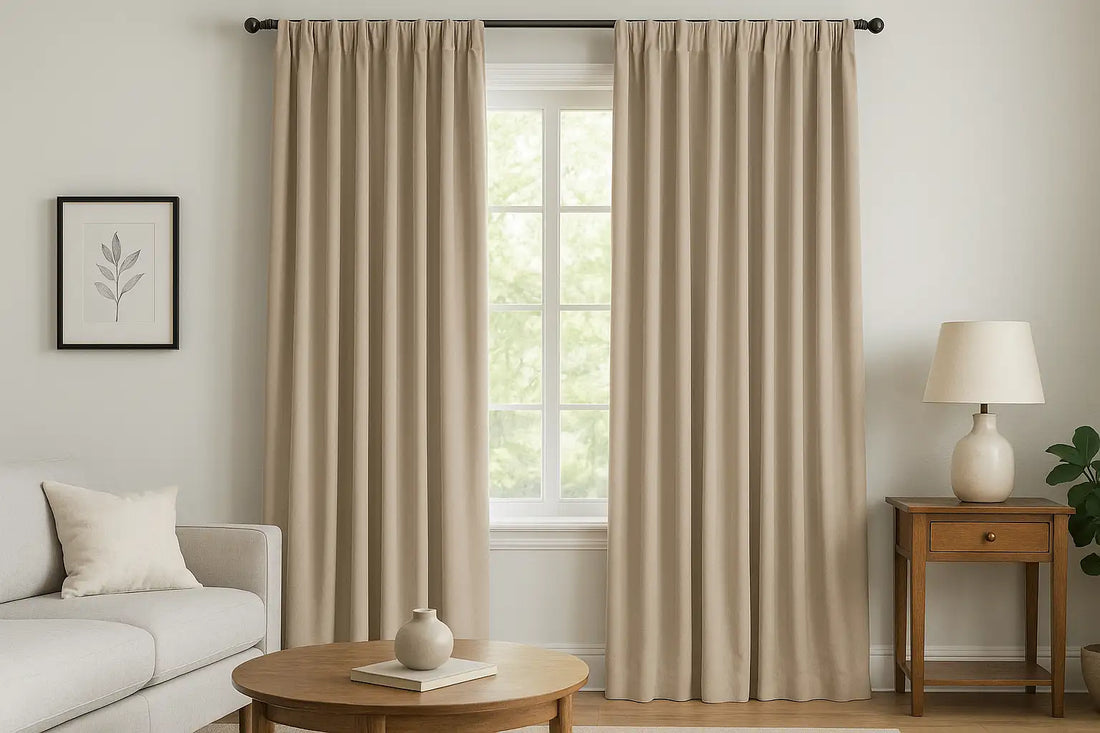 modern living room with beige soft top drapes flowing gracefully to the floor