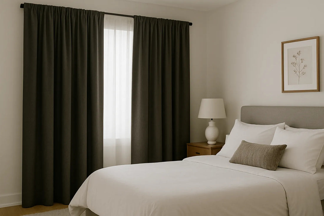 bedroom with solid blackout curtains creating a serene atmosphere