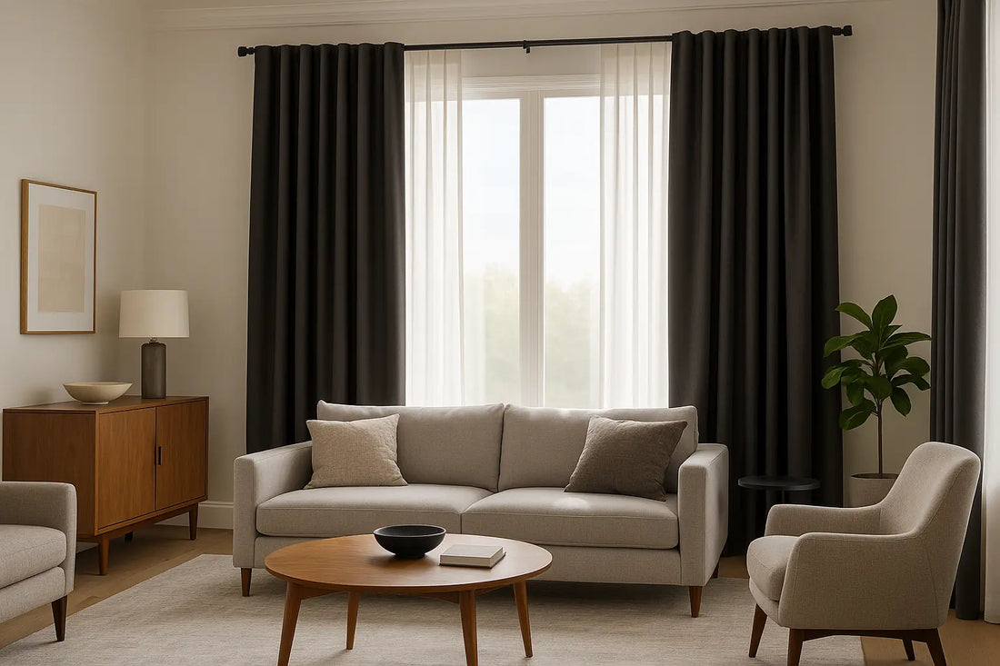 modern living room with solid curtains framing a large window