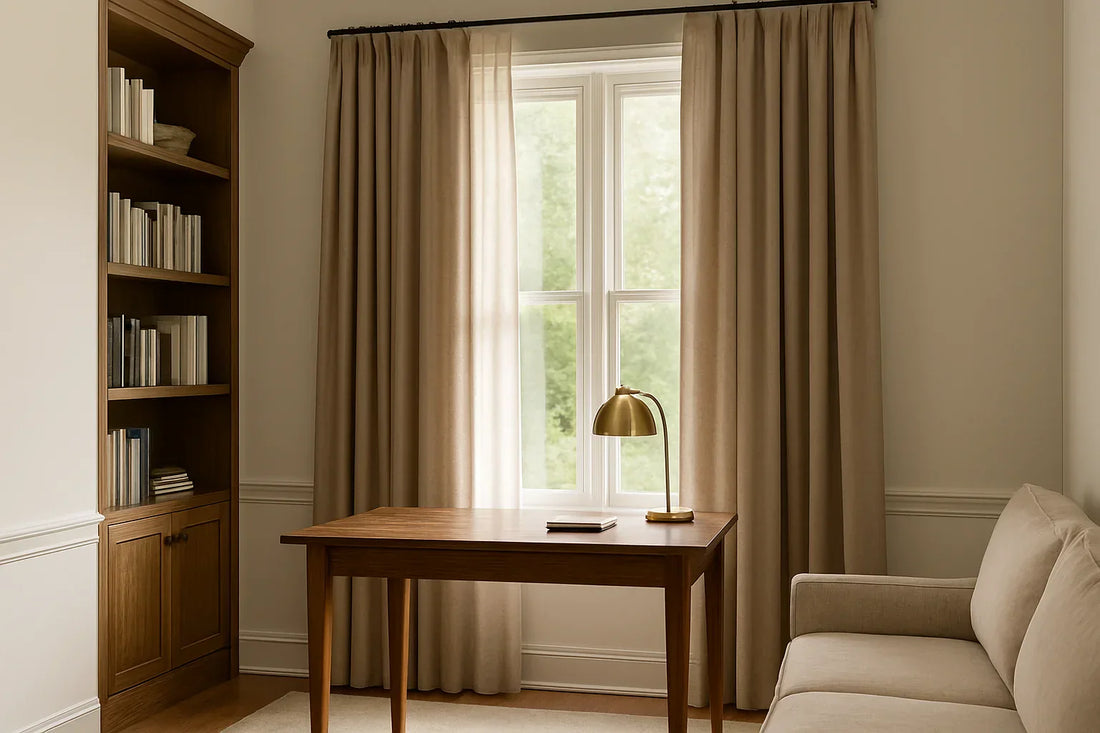 Home office with beige solid curtains, wooden desk with brass lamp, bookshelf, and neutral sofa