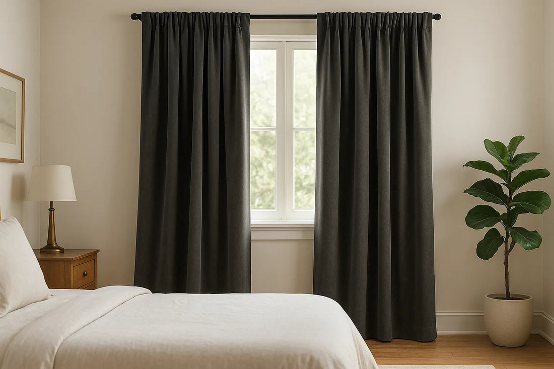 dark gray thermal blackout curtains framing a bedroom window with natural daylight