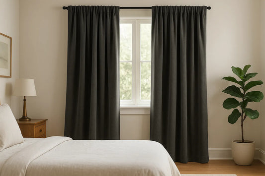 dark gray thermal blackout curtains framing a bedroom window with natural daylight