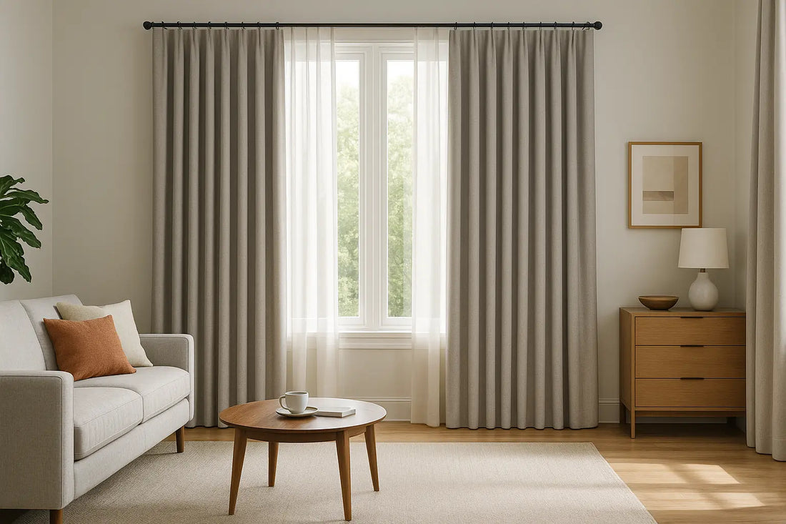 modern living room with thermal curtains framing a large window