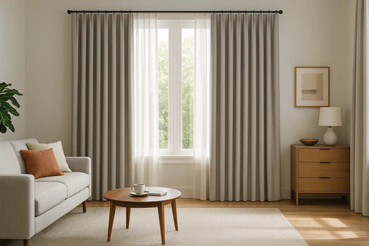 modern living room with thermal curtains framing a large window