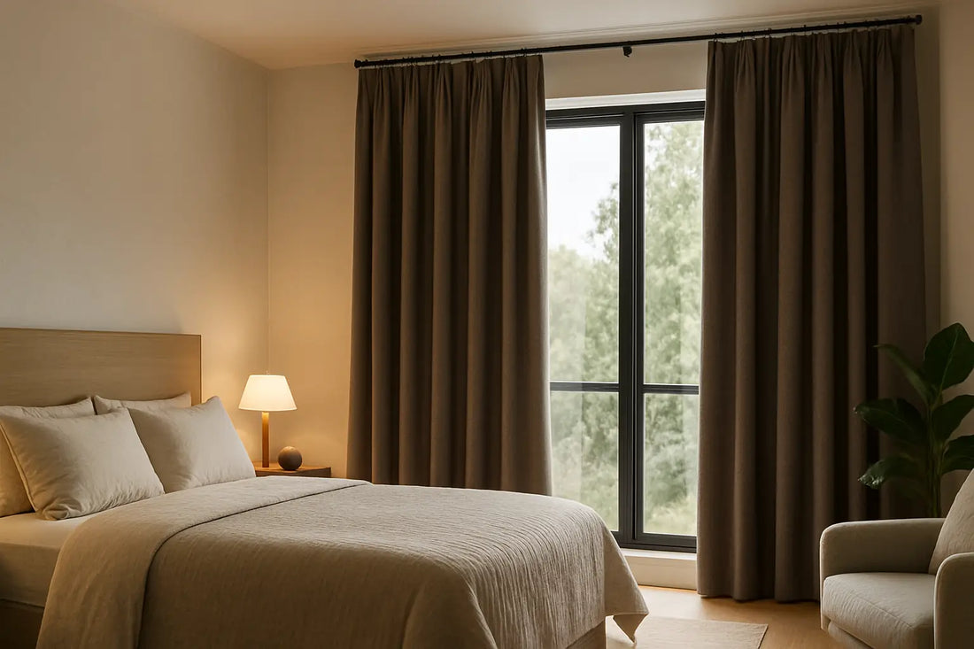 modern bedroom with thermal curtains creating a cozy and insulated atmosphere