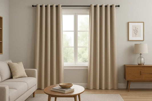 modern living room with thermal curtains framing large window