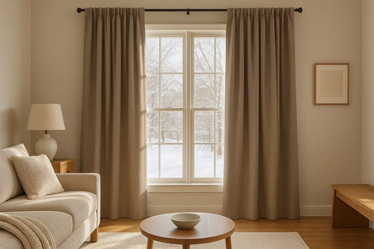 Sunlit living room with beige thermal curtains framing a large window, snow-covered trees outside, and neutral cozy decor.